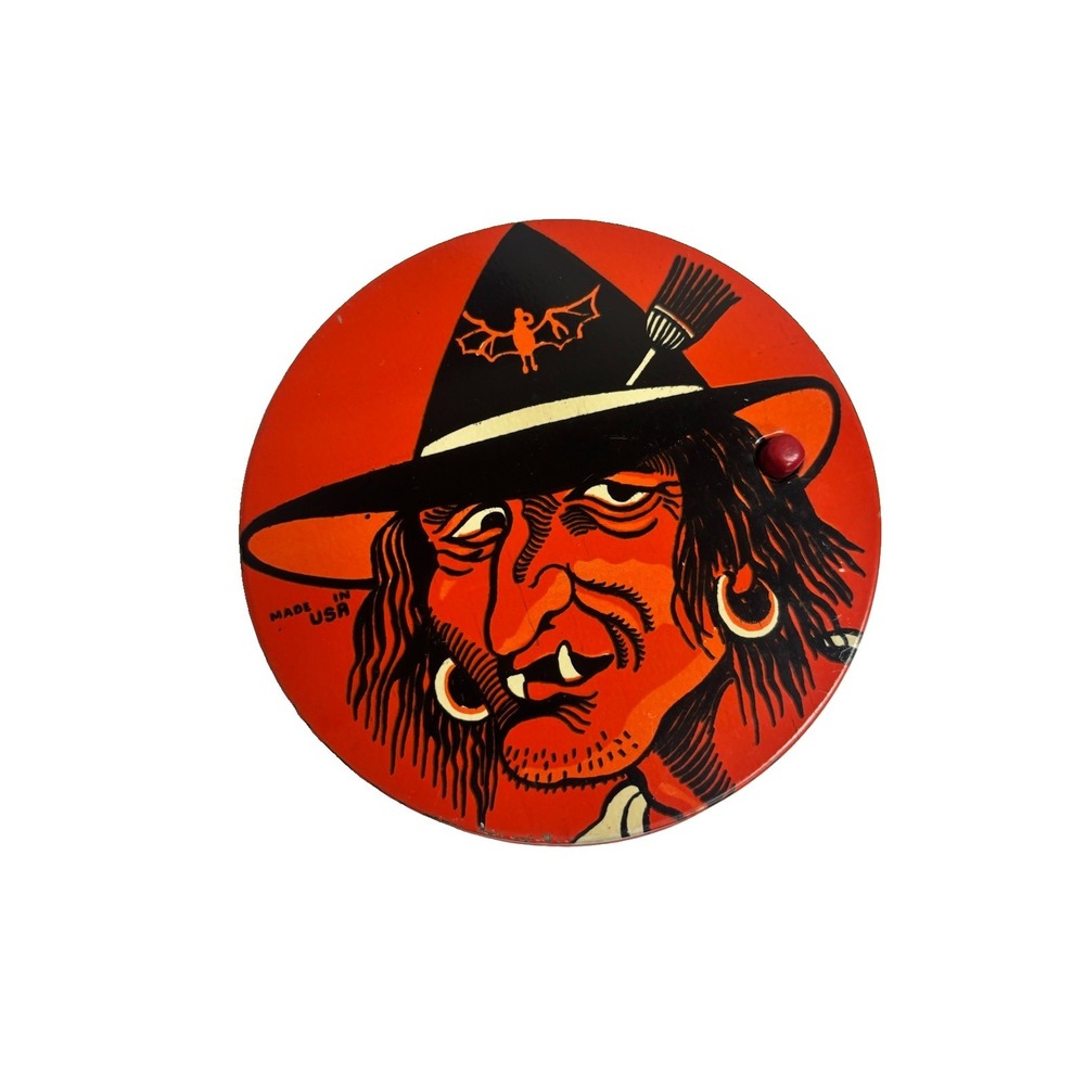 Vintage Halloween Witch Tin Litho Clicker Noisemaker Made in USA 3.75" Round